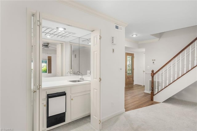 191 Fairway Dr, Advance, NC 27006 - bathroom featuring baseboards, a ceiling fan, vanity, and crown molding