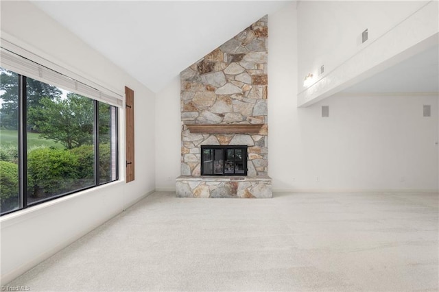191 Fairway Dr, Advance, NC 27006 - unfurnished living room featuring carpet floors, high vaulted ceiling, and a fireplace
