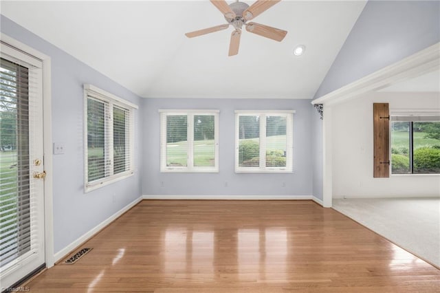 191 Fairway Dr, Advance, NC 27006 - empty room with lofted ceiling, wood finished floors, ceiling fan, recessed lighting, and baseboards