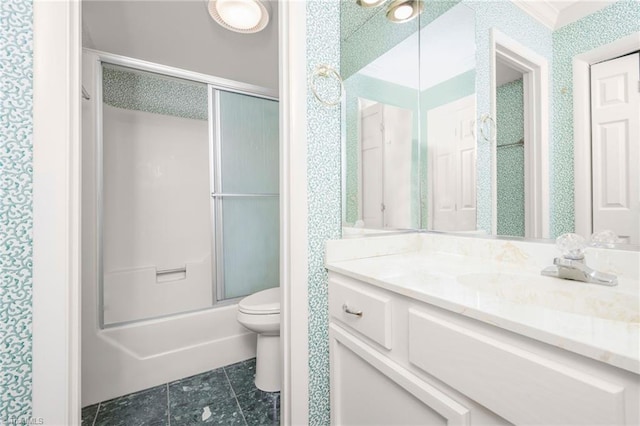 191 Fairway Dr, Advance, NC 27006 - bathroom featuring toilet, vanity, bath / shower combo with glass door, and tile patterned floors
