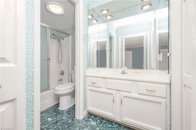 191 Fairway Dr, Advance, NC 27006 - full bath featuring toilet, vanity, bath / shower combo with glass door, tile patterned flooring, and ornamental molding