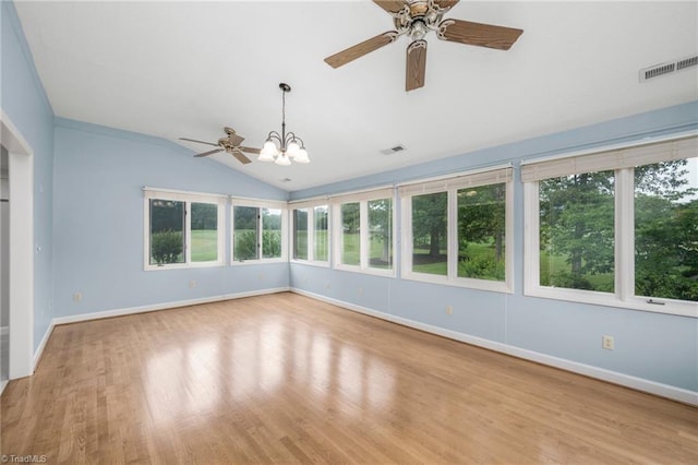 191 Fairway Dr, Advance, NC 27006 - unfurnished sunroom with wood finished floors, baseboards, lofted ceiling, and a chandelier