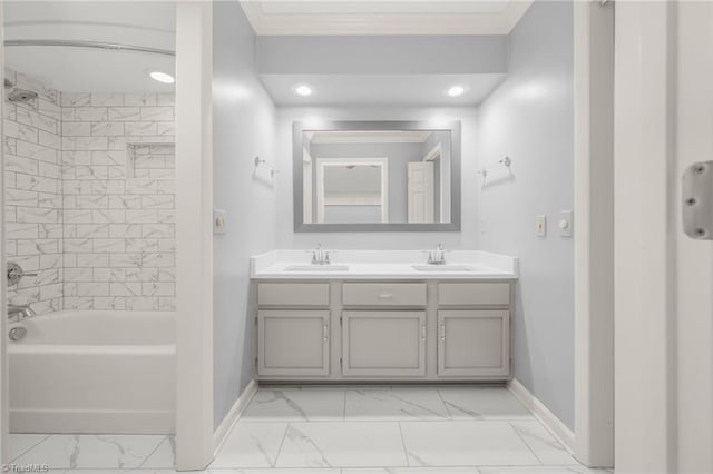 191 Fairway Dr, Advance, NC 27006 - full bath with marble finish flooring, baseboards, double vanity, bathtub / shower combination, and ornamental molding