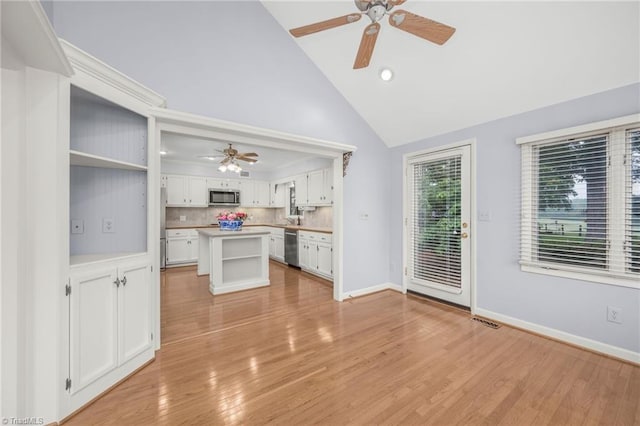 191 Fairway Dr, Advance, NC 27006 - unfurnished living room with a ceiling fan, light wood-style flooring, recessed lighting, baseboards, and high vaulted ceiling