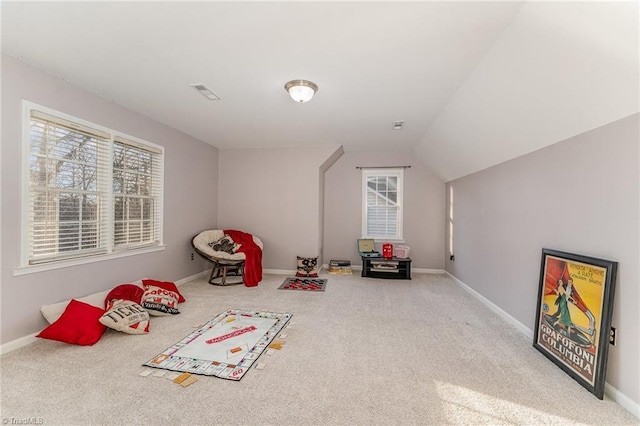 playroom featuring carpet floors, visible vents, plenty of natural light, and baseboards