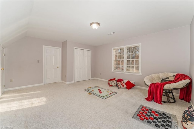 playroom with carpet floors, visible vents, and baseboards