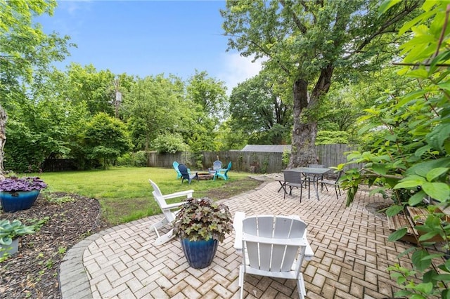 2607 Sherwood St, Greensboro, NC 27403 - fenced backyard featuring a fire pit, a patio area, and outdoor dining space