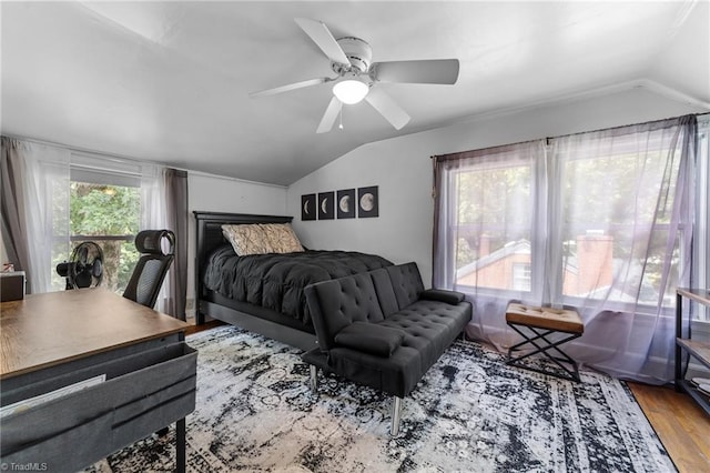 2607 Sherwood St, Greensboro, NC 27403 - bedroom with vaulted ceiling, wood finished floors, and ceiling fan