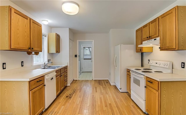 5201 Harvey Rd, Jamestown, NC 27282 - kitchen featuring white appliances, under cabinet range hood, light wood-style flooring, and light countertops