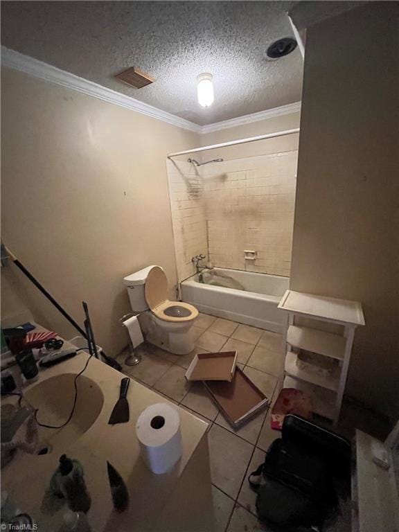 3603 Castleton Rd, Greensboro, NC 27406 - full bathroom with tile patterned flooring, toilet, bathtub / shower combination, ornamental molding, and a textured ceiling