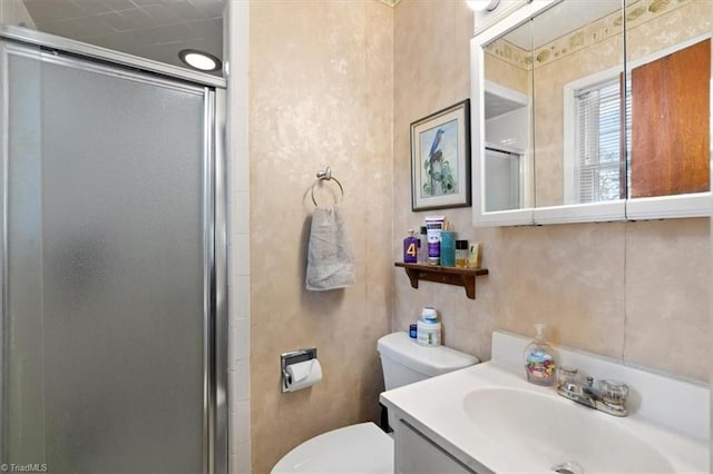 bathroom with vanity, toilet, and a shower with shower door