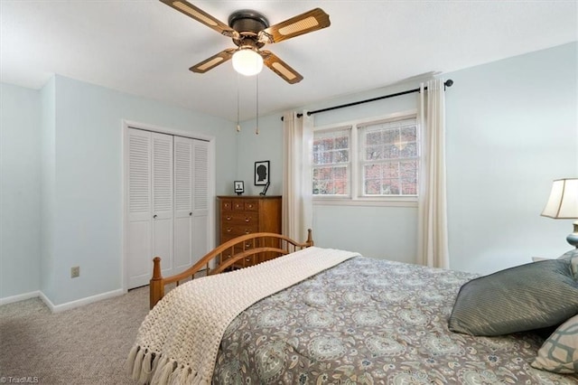 bedroom featuring carpet, a closet, and ceiling fan