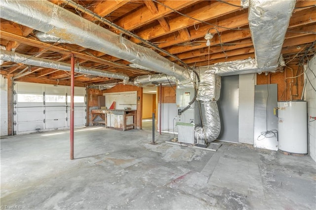 basement featuring water heater and heating utilities