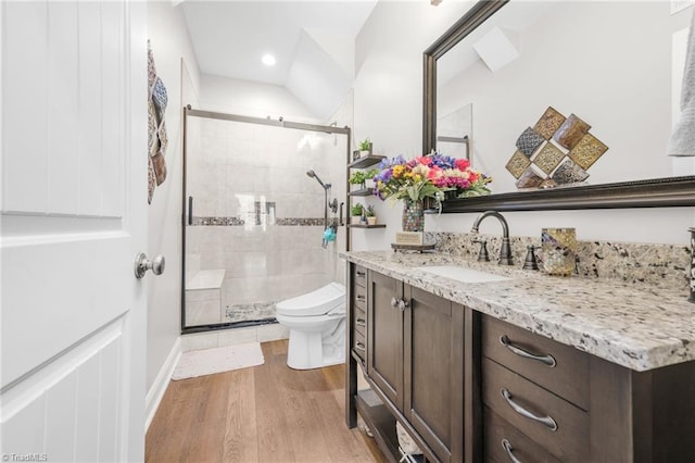 bathroom featuring vanity, wood-type flooring, toilet, and walk in shower