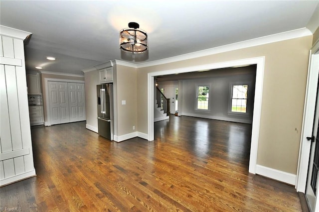 2700 Regency Dr, Winston-Salem, NC 27106 - spare room featuring stairs, crown molding, baseboards, dark wood-style flooring, and recessed lighting