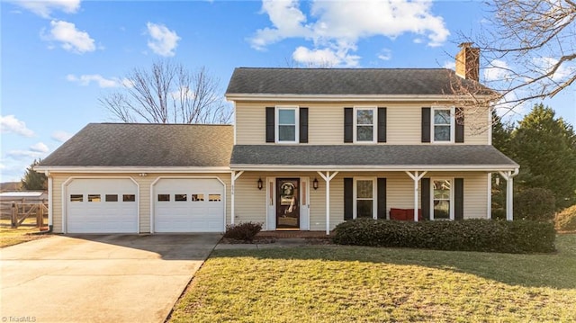 view of front of house with a porch, a front yard, and a garage