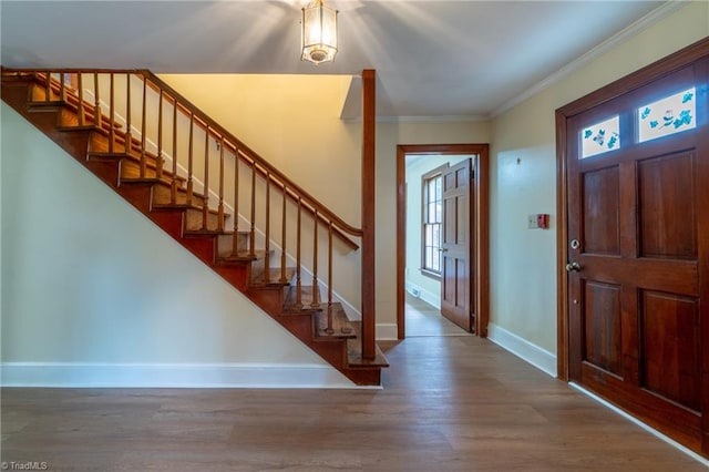 entrance foyer with ornamental molding and hardwood / wood-style flooring