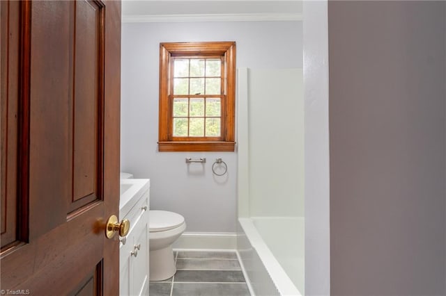 full bathroom featuring vanity, tile patterned floors, crown molding, toilet, and shower with separate bathtub