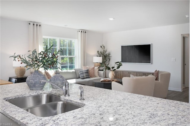 kitchen featuring light stone countertops, hardwood / wood-style flooring, and sink