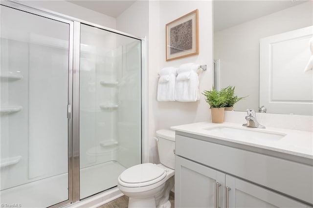 bathroom featuring vanity, toilet, and walk in shower