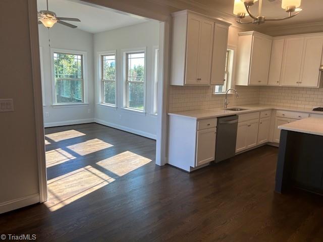 kitchen featuring backsplash, dishwasher, sink, and white cabinets