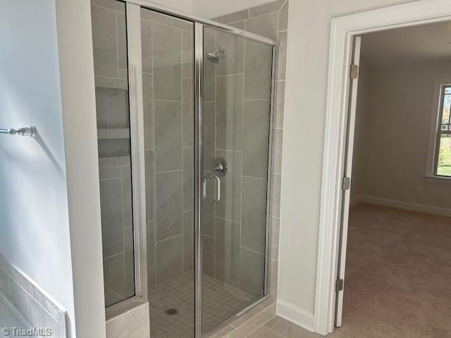 bathroom featuring a shower with door