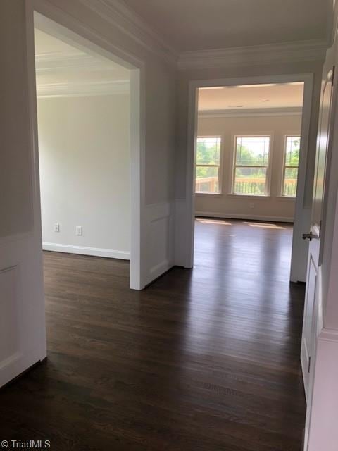 empty room with ornamental molding and dark hardwood / wood-style floors