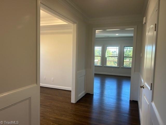 hallway featuring ornamental molding and dark hardwood / wood-style floors