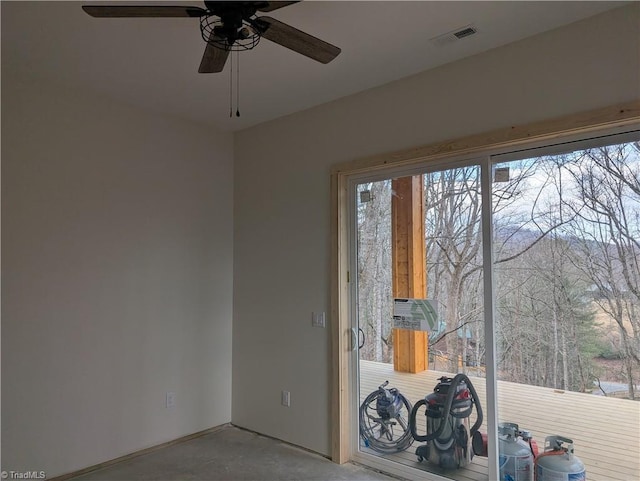 interior space with concrete floors, visible vents, and ceiling fan