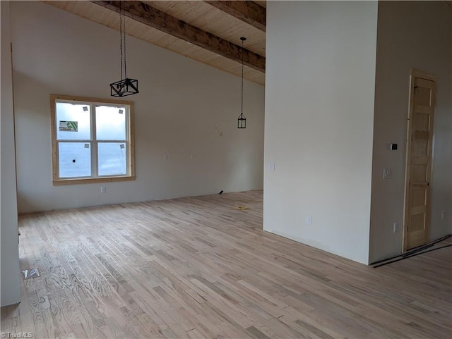 unfurnished room with wood ceiling, high vaulted ceiling, beamed ceiling, and wood finished floors