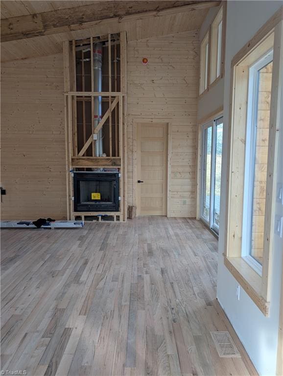 unfurnished living room with wooden ceiling, wood finished floors, visible vents, and wooden walls