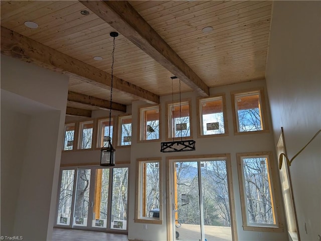 details with wood ceiling and beam ceiling