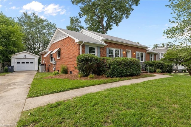 2206 Revolan Dr, Greensboro, NC 27407 - view of front of property with brick siding, an outbuilding, a front yard, concrete driveway, and a detached garage