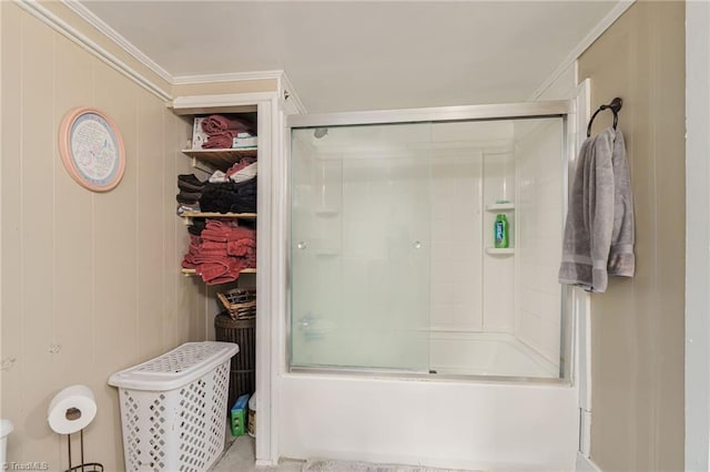 4724 Old Julian Rd, Julian, NC 27283 - bathroom featuring combined bath / shower with glass door and ornamental molding