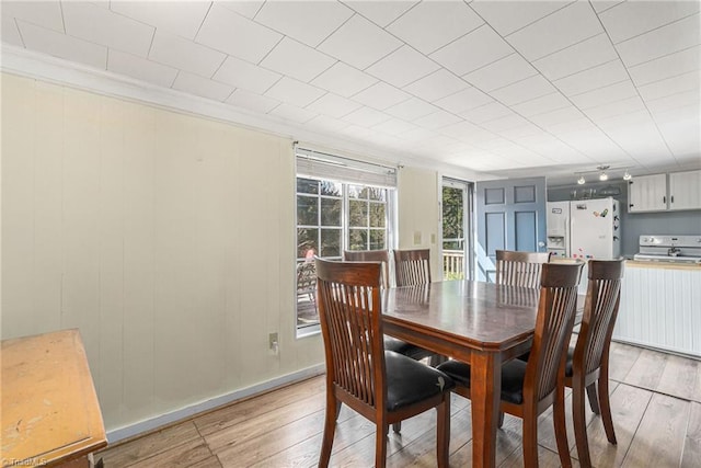 4724 Old Julian Rd, Julian, NC 27283 - dining area with light wood-type flooring, ornamental molding, and track lighting
