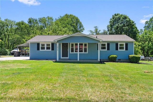 1616 Sanford Dr, Winston-Salem, NC 27105 - ranch-style home featuring a front lawn, an attached carport, a porch, crawl space, and concrete driveway
