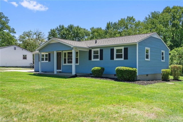 1616 Sanford Dr, Winston-Salem, NC 27105 - ranch-style house with a shingled roof, a porch, a front lawn, and crawl space