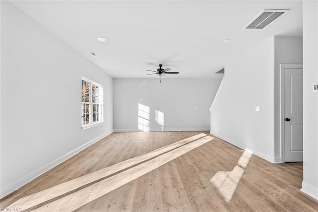 unfurnished living room featuring ceiling fan and light wood-type flooring