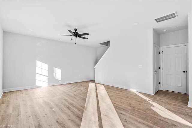 unfurnished living room featuring light wood-type flooring and ceiling fan