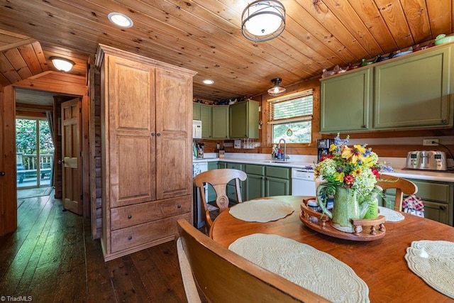 612 Joe Shoemaker Rd, Vilas, NC 28692 - kitchen with green cabinets, a sink, light countertops, dark wood finished floors, and wooden ceiling