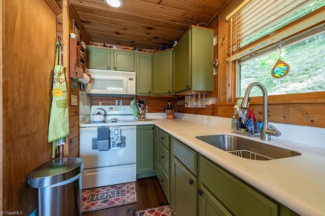 612 Joe Shoemaker Rd, Vilas, NC 28692 - kitchen featuring green cabinetry, white appliances, a sink, wood ceiling, and light countertops