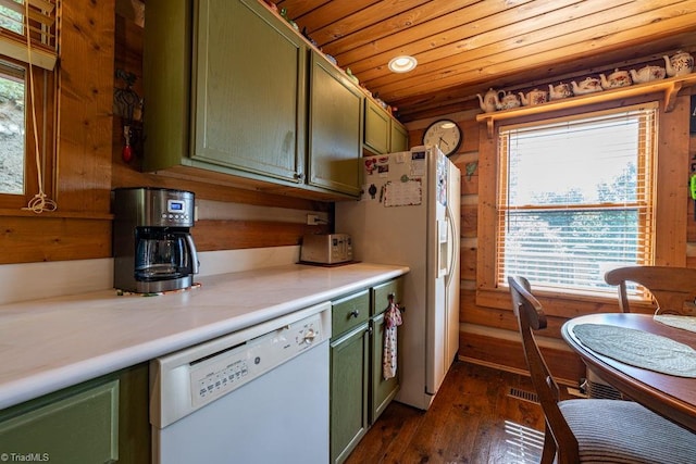 612 Joe Shoemaker Rd, Vilas, NC 28692 - kitchen featuring white appliances, green cabinetry, dark wood-style flooring, wood ceiling, and light countertops