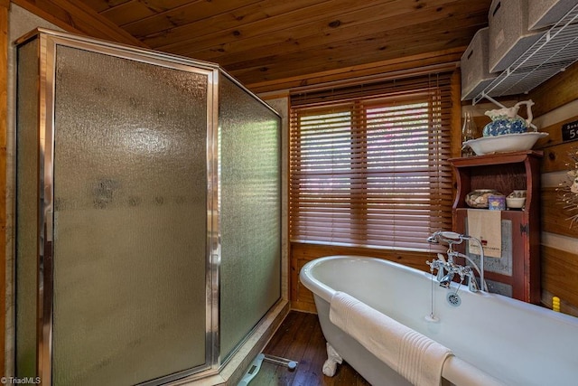 612 Joe Shoemaker Rd, Vilas, NC 28692 - bathroom featuring wooden ceiling, wood-type flooring, a freestanding tub, and a stall shower
