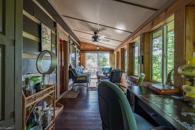 612 Joe Shoemaker Rd, Vilas, NC 28692 - sunroom with ceiling fan, vaulted ceiling, hardwood / wood-style floors, wood walls, and an outdoor hangout area