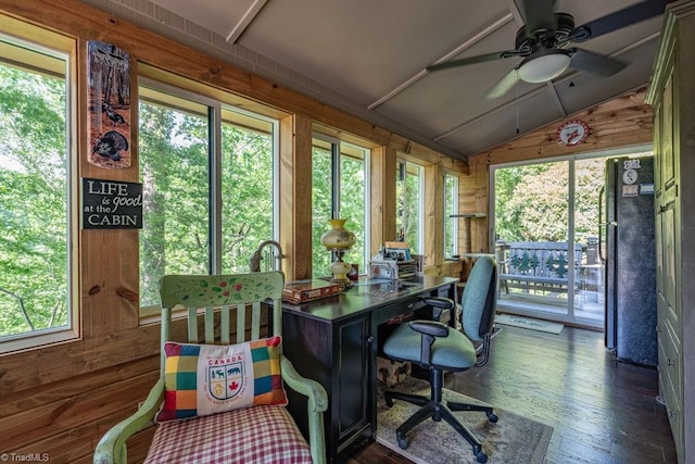 612 Joe Shoemaker Rd, Vilas, NC 28692 - home office with wooden walls, dark wood-style flooring, lofted ceiling, and a ceiling fan