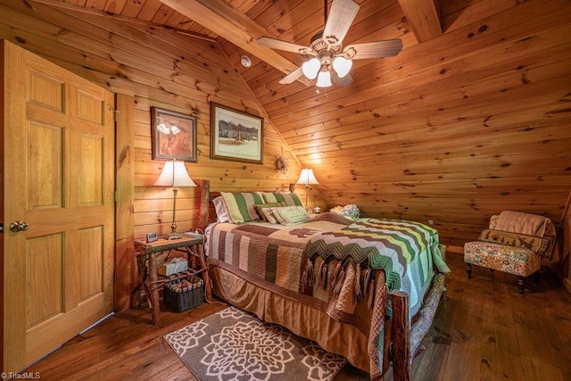 612 Joe Shoemaker Rd, Vilas, NC 28692 - bedroom with hardwood / wood-style flooring, wood ceiling, lofted ceiling, wood walls, and a ceiling fan