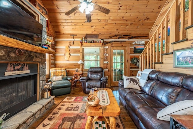 612 Joe Shoemaker Rd, Vilas, NC 28692 - living room featuring vaulted ceiling, wooden ceiling, wood finished floors, ceiling fan, and stairway