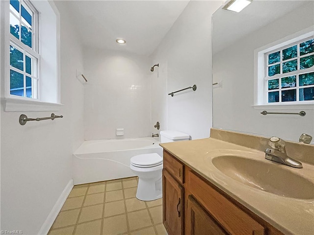 full bathroom featuring vanity, toilet, and washtub / shower combination