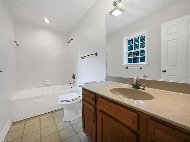 full bathroom featuring vanity, toilet, and washtub / shower combination