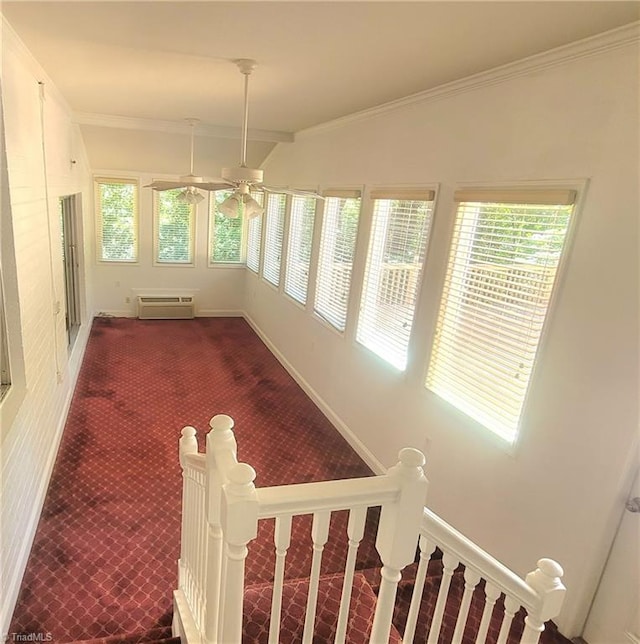 interior space with carpet flooring, a wealth of natural light, ceiling fan, and crown molding